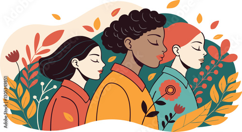 A diverse group of females portrayed with flowers in a paper cut-out style SVG . International Women's AI, Day, EPS, PNG, JPEG File.