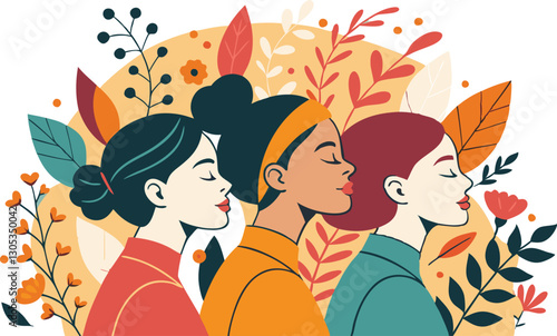 A diverse group of females portrayed with flowers in a paper cut-out style SVG . International Women's AI, Day, EPS, PNG, JPEG File.