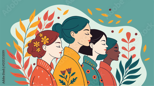 A diverse group of females portrayed with flowers in a paper cut-out style SVG . International Women's AI, Day, EPS, PNG, JPEG File.