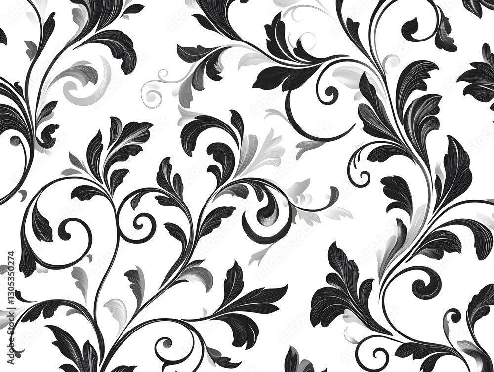 A sophisticated black and white baroque-style ornamental pattern featuring intricate floral and acanthus leaf motifs A sophisticated black and white baroque-style ornamental pattern featuring intricate floral and acanthus leaf motifs