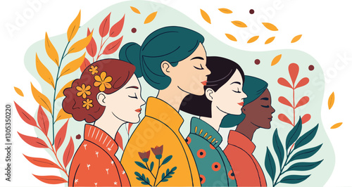 A diverse group of females portrayed with flowers in a paper cut-out style SVG . International Women's AI, Day, EPS, PNG, JPEG File.