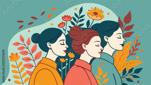 A diverse group of females portrayed with flowers in a paper cut-out style SVG . International Women's AI, Day, EPS, PNG, JPEG File.