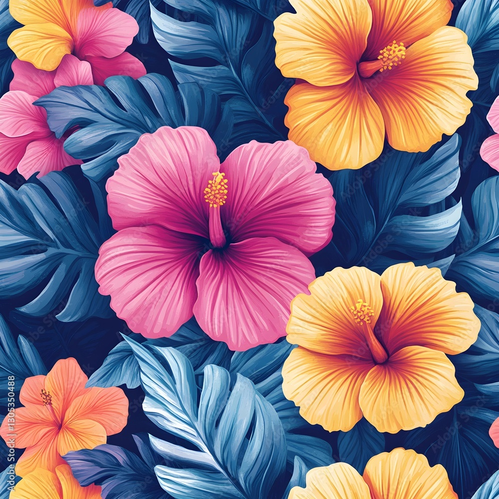 custom made wallpaper toronto digitalA stunning tropical floral composition showcasing vibrant hibiscus flowers in shades of pink, yellow, and blue, surrounded by lush green foliage
