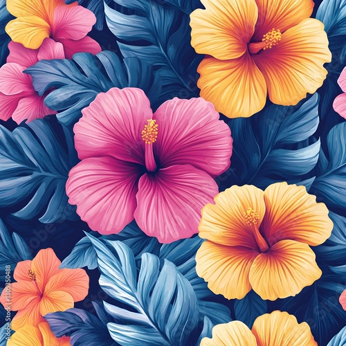 Wallpaper Mural A stunning tropical floral composition showcasing vibrant hibiscus flowers in shades of pink, yellow, and blue, surrounded by lush green foliage Torontodigital.ca