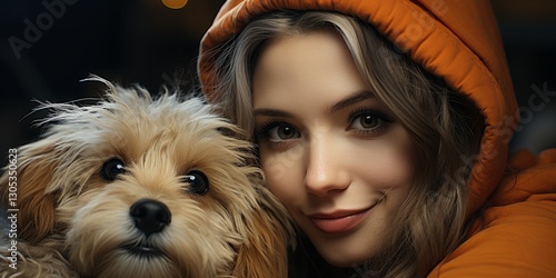 Woman Holding Small Dog in Arms photo