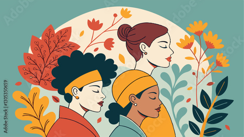 A diverse group of females portrayed with flowers in a paper cut-out style SVG . International Women's AI, Day, EPS, PNG, JPEG File.