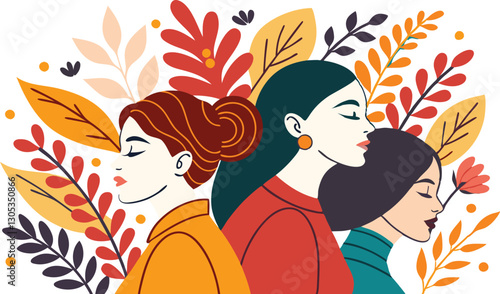 A diverse group of females portrayed with flowers in a paper cut-out style SVG . International Women's AI, Day, EPS, PNG, JPEG File.