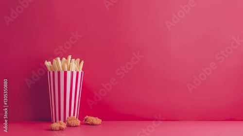 Crispy fried chicken in a white bucket accompanied by french fries on a vibrant red background photo