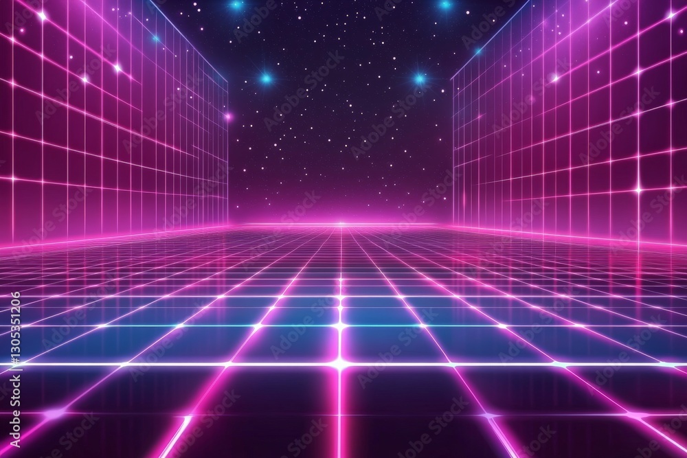 Neon grid landscape with starry background creating a retro futuristic atmosphere at night Neon grid landscape with starry background creating a retro futuristic atmosphere at night