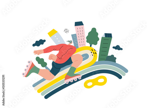 Life Unframed: Roller -modern flat vector concept illustration of a man rollerblading across rainbow. Metaphor of unpredictability, imagination, whimsy, cycle of existence, play, growth and discovery