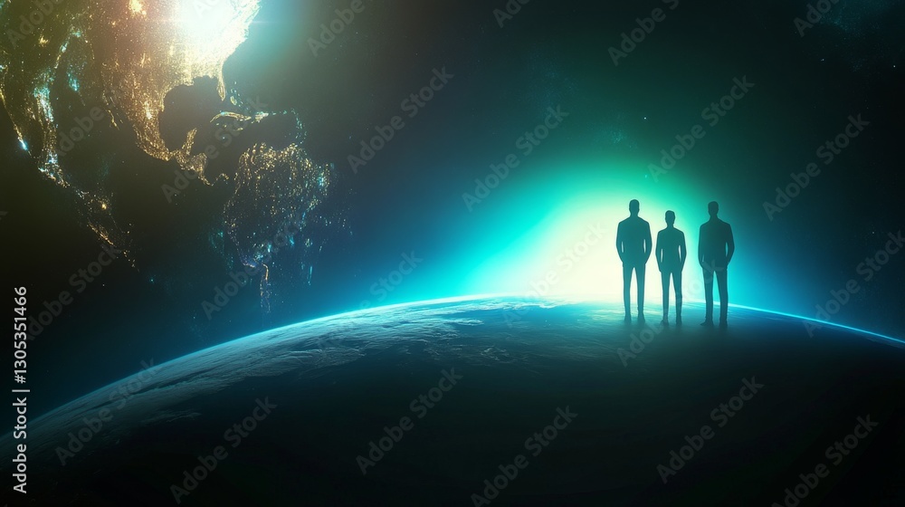 Fototapeta premium Silhouettes of explorers gazing at the cosmos.