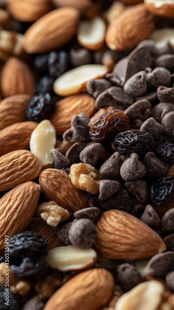 Close up of Brown Almonds Walnuts Raisins and Dark Chocolate Chips Close up of Brown Almonds Walnuts Raisins and Dark Chocolate Chips