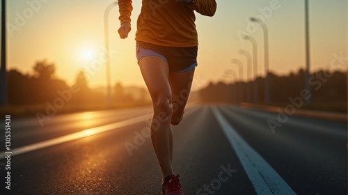 Close-up of a woman running at sunset on the road with a dynamic perspective