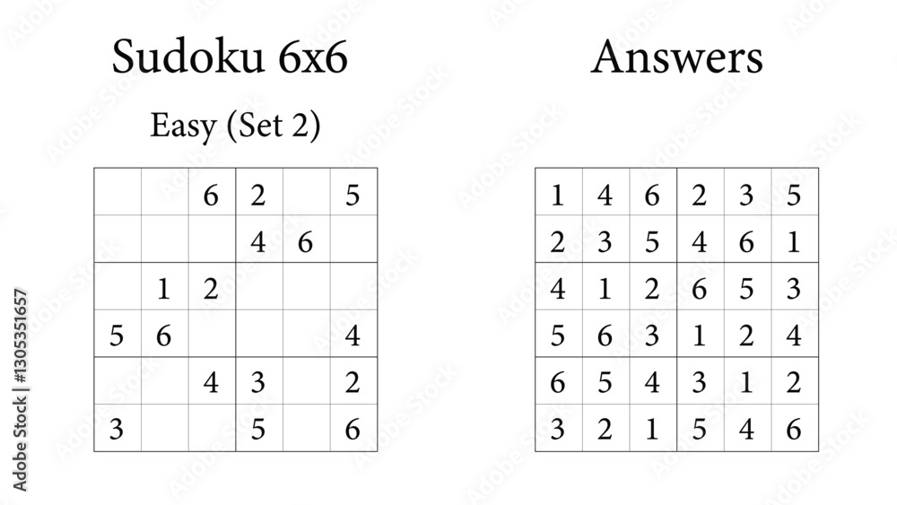 Sudoku Puzzle 6x6 Easy Set 2 with Answers, Fun Brain Training Game for Kids, Teens and Adults, Vector Sudoku Puzzle 6x6 Easy Set 2 with Answers, Fun Brain Training Game for Kids, Teens and Adults, Vector