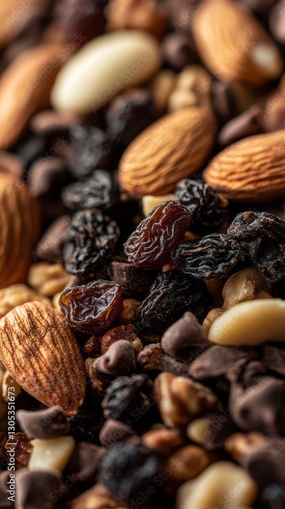 Fototapeta premium Close Up of Dark Brown Trail Mix with Almonds Raisins and Chocolate Chips