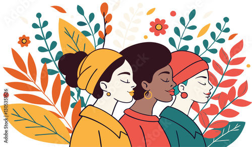 A diverse group of females portrayed with flowers in a paper cut-out style SVG . International Women's AI, Day, EPS, PNG, JPEG File.