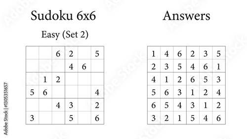 Sudoku Puzzle 6x6 Easy Set 2 with Answers, Fun Brain Training Game for Kids, Teens and Adults, Vector	