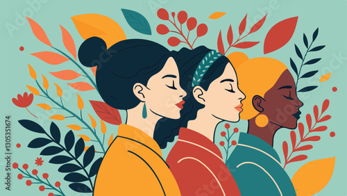 A diverse group of females portrayed with flowers in a paper cut-out style SVG . International Women's AI, Day, EPS, PNG, JPEG File.