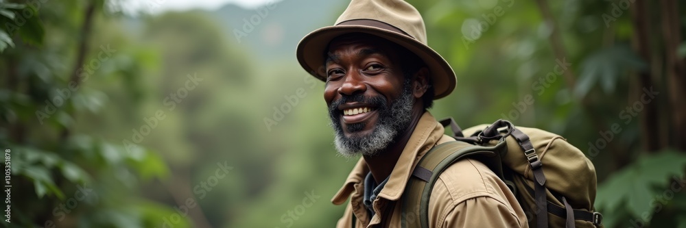 Jungle explorer smiling amid lush greenery, showcasing adventure and discovery in nature's vibrant landscape. Jungle explorer smiling amid lush greenery, showcasing adventure and discovery in nature's vibrant landscape.