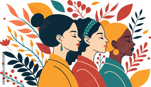 A diverse group of females portrayed with flowers in a paper cut-out style SVG . International Women's AI, Day, EPS, PNG, JPEG File.