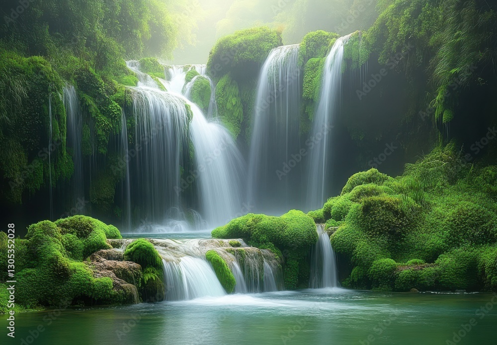 Fototapeta premium Lush Green Waterfall Surrounded by Mist in a Serene Natural Landscape Displaying Tranquility and Vibrance of Nature's Beauty