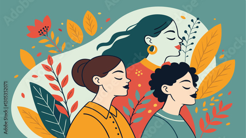 A diverse group of females portrayed with flowers in a paper cut-out style SVG . International Women's AI, Day, EPS, PNG, JPEG File.