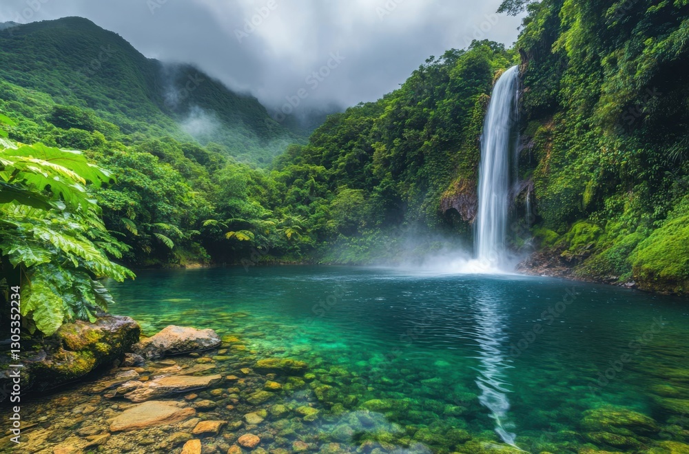 Fototapeta premium Lush Tropical Waterfall Surrounded by Dense Greenery and Clear Pool, Capturing the Beauty of Nature in a Serene Remote Location