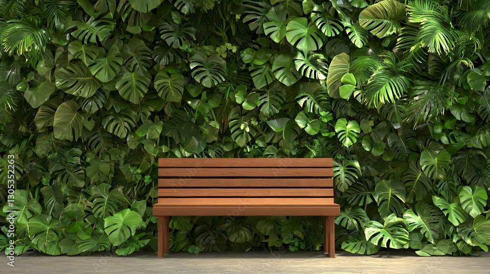 Naklejka premium Wooden Bench Surrounded by Lush Green Plants and Tropical Foliage