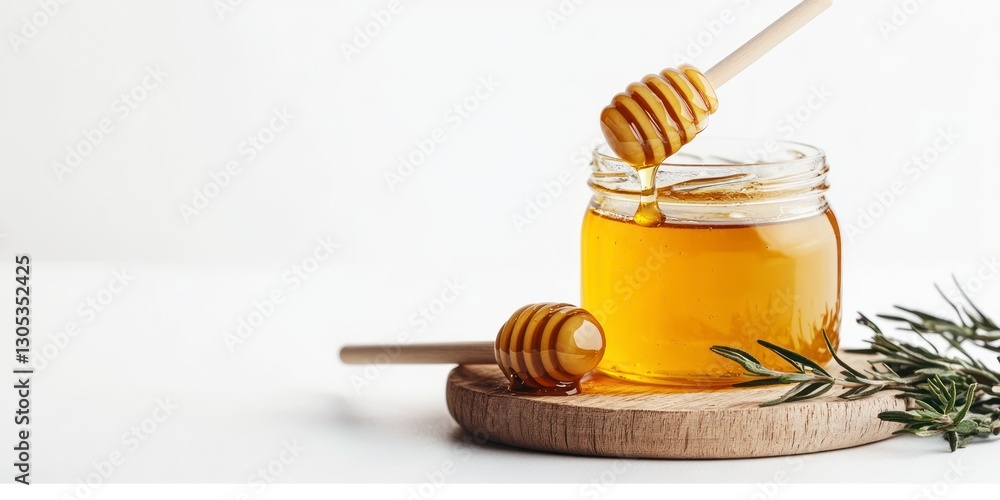 Dripping Honey From Wooden Dipper Into Jar on Serving Board Dripping Honey From Wooden Dipper Into Jar on Serving Board