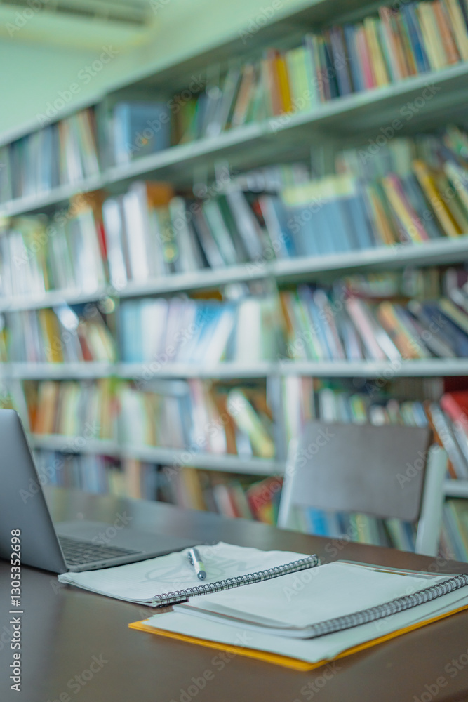 Laptop, books, documents are on the table in the library. Laptop, books, documents are on the table in the library.