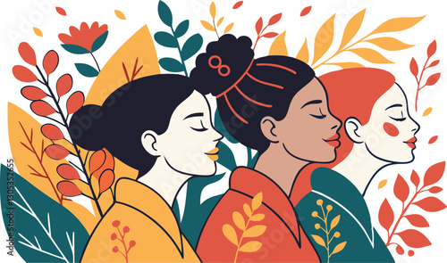 A diverse group of females portrayed with flowers in a paper cut-out style SVG . International Women's AI, Day, EPS, PNG, JPEG File.