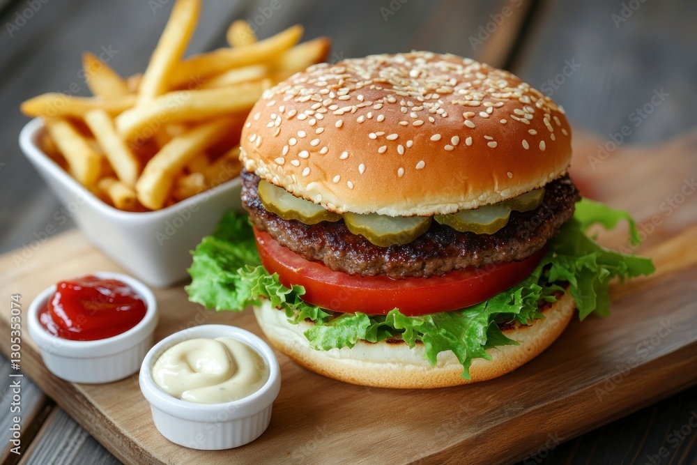 Delicious Burger with Fries and Sauces on a Wooden Board Delicious Burger with Fries and Sauces on a Wooden Board
