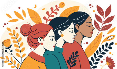 A diverse group of females portrayed with flowers in a paper cut-out style SVG . International Women's AI, Day, EPS, PNG, JPEG File.