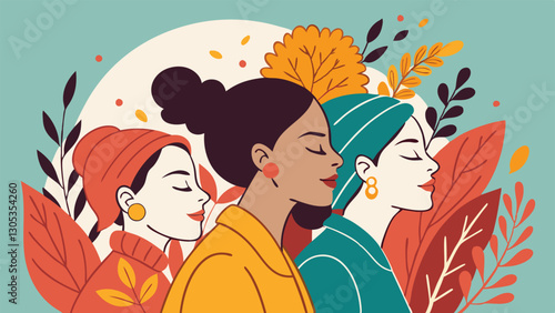 A diverse group of females portrayed with flowers in a paper cut-out style SVG . International Women's AI, Day, EPS, PNG, JPEG File.