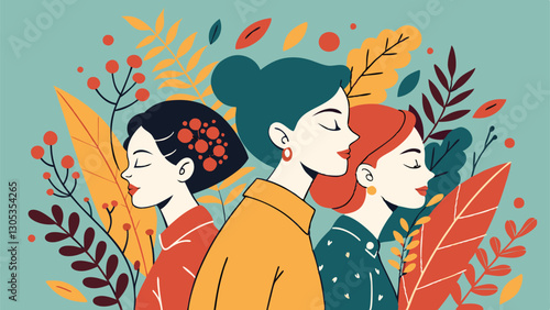 A diverse group of females portrayed with flowers in a paper cut-out style SVG . International Women's AI, Day, EPS, PNG, JPEG File.