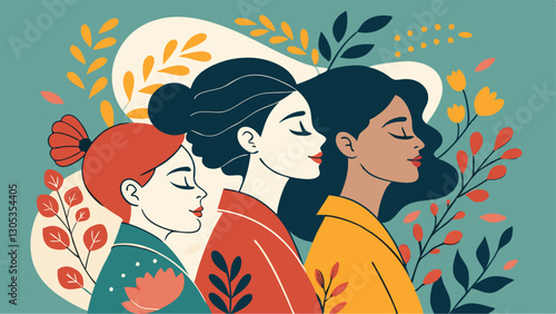 A diverse group of females portrayed with flowers in a paper cut-out style SVG . International Women's AI, Day, EPS, PNG, JPEG File.
