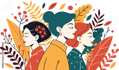 A diverse group of females portrayed with flowers in a paper cut-out style SVG . International Women's AI, Day, EPS, PNG, JPEG File.