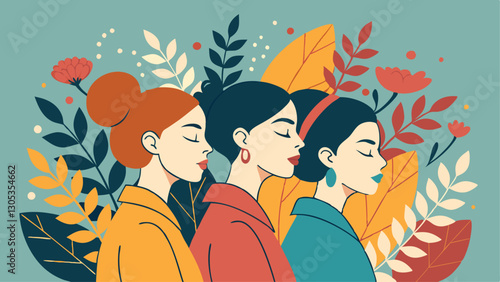 A diverse group of females portrayed with flowers in a paper cut-out style SVG . International Women's AI, Day, EPS, PNG, JPEG File.