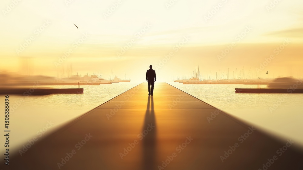 Solo figure walks towards a warm sunset glow.