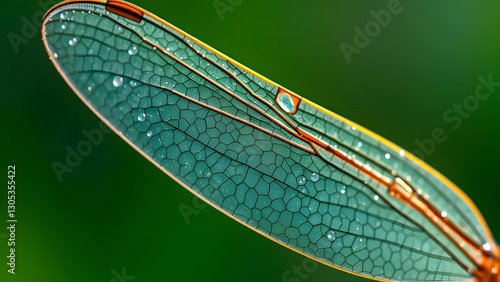 A stunning close-up of a dragonfly wing, highlighting its intricate texture, vibrant colors, and delicate details against a soft green background.   