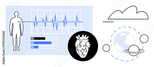 Human figure with heartbeat graph, detailed heart visualization, cloud technology, and global orbit. Ideal for health, technology, data analysis, innovation, connectivity cardiology sustainability