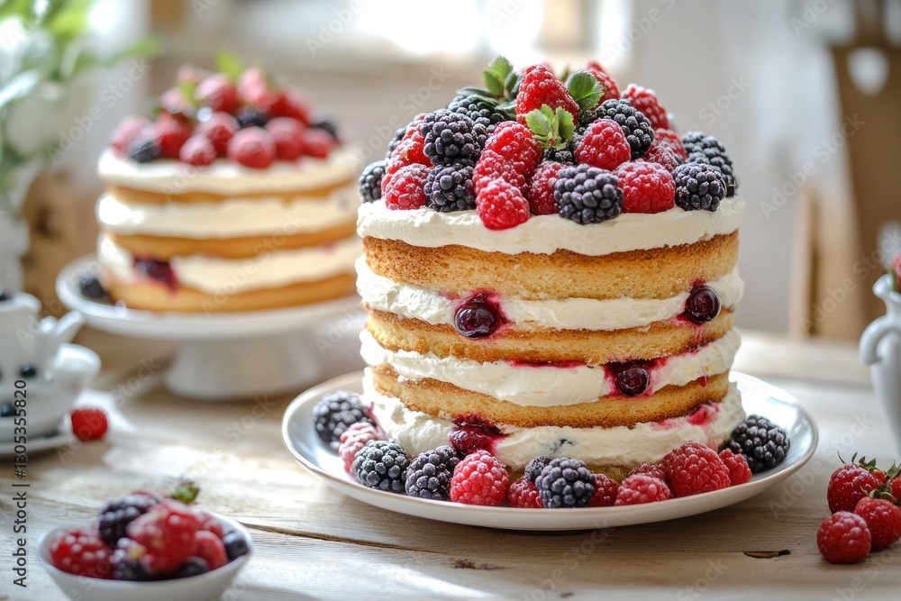 Layered Berry Cake with Whipped Cream and Fresh Berries Dessert Layered Berry Cake with Whipped Cream and Fresh Berries Dessert