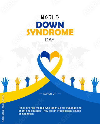 World down syndrome day. 21 march. background design. Yellow and blue typography Vector illustration. Lots of Socks and Realistic ribbon banner, cards, prints, social media, poster design.