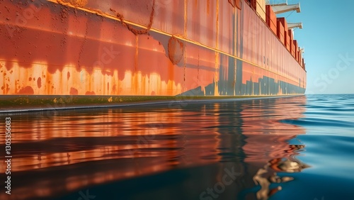 Witness the rusting side of a cargo ship reflecting on calm ocean waters, showcasing the intersection of industry and nature in a tranquil maritime scene.  