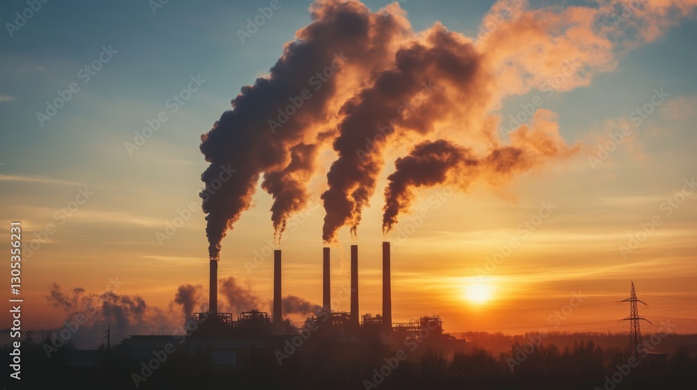 A factory emitting thick clouds of smoke into the sky, highlighting environmental pollution. A factory emitting thick clouds of smoke into the sky, highlighting environmental pollution.