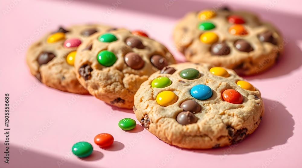 tock photo close-up of four chocolate chip cookies with colorful M&M's, stacked on pink. tock photo close-up of four chocolate chip cookies with colorful M&M's, stacked on pink.