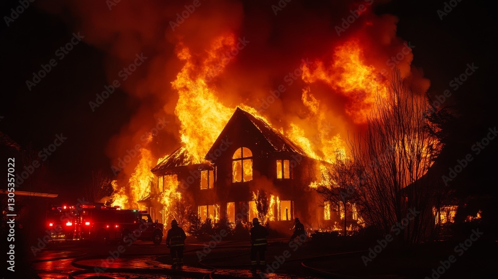 A large house engulfed in bright orange flames, thick smoke rising into the night sky as firefighters arrive. A large house engulfed in bright orange flames, thick smoke rising into the night sky as firefighters arrive.