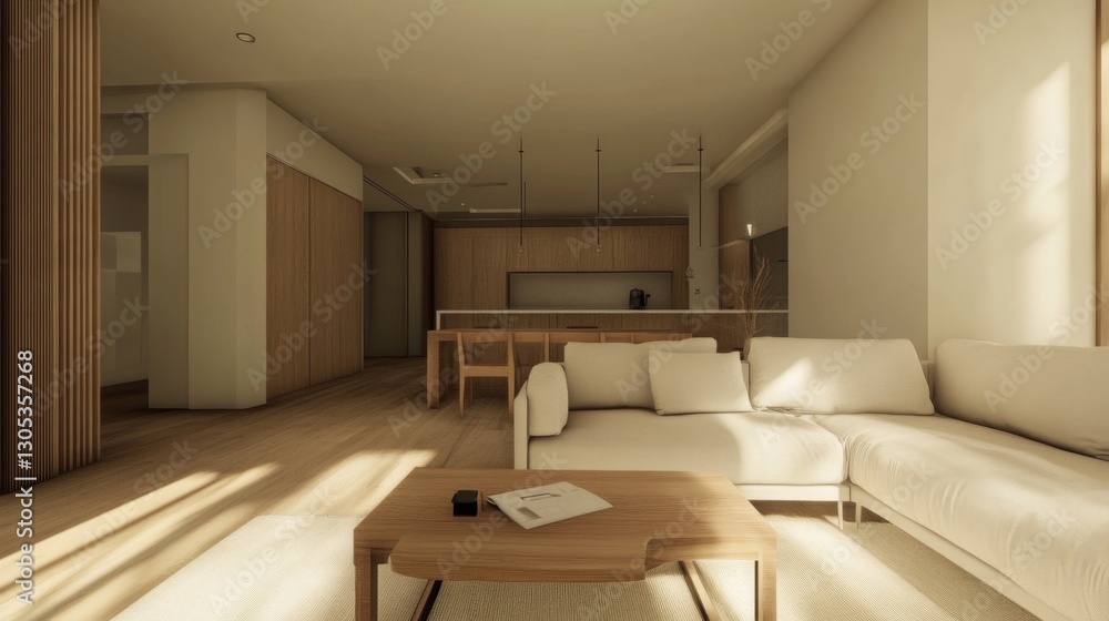Fototapeta premium A minimalist living room with an open layout, featuring a light-colored sofa, wooden accents, and a sleek coffee table.