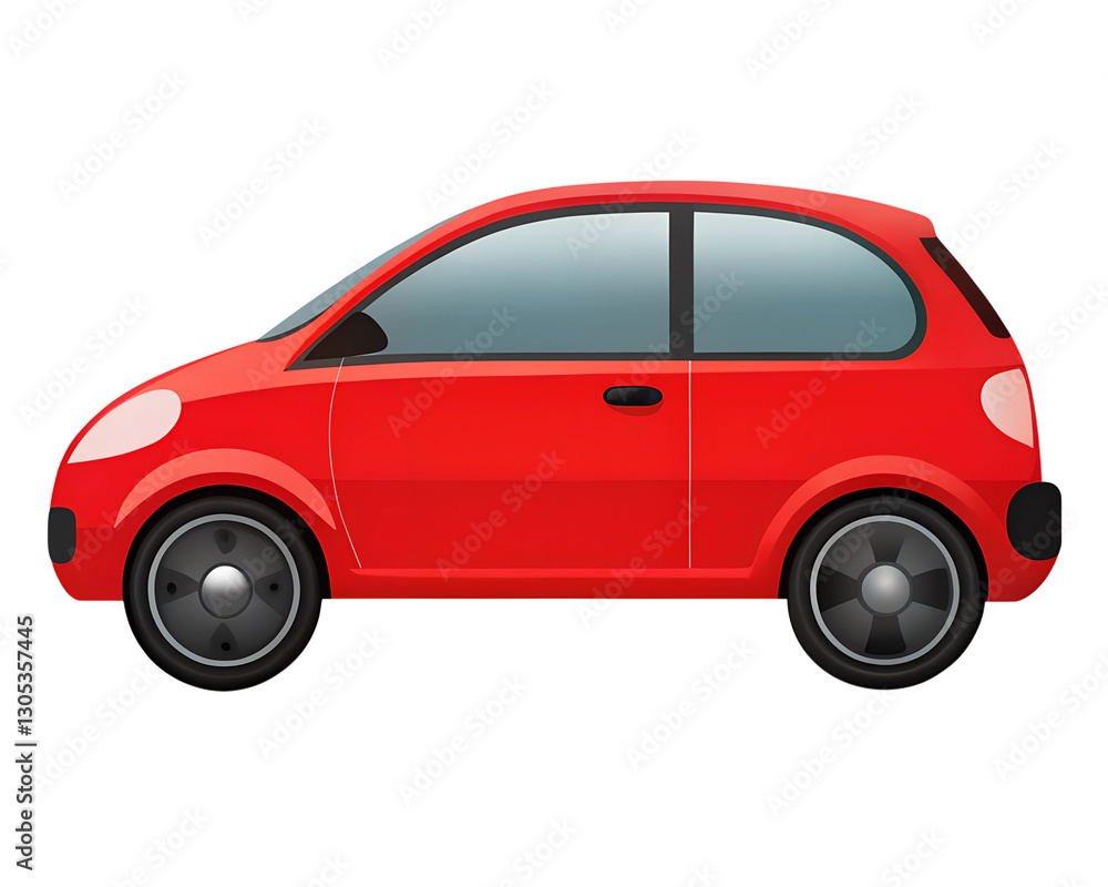 Obraz premium A red compact car with black tires and tinted windows, isolated on a transparent background