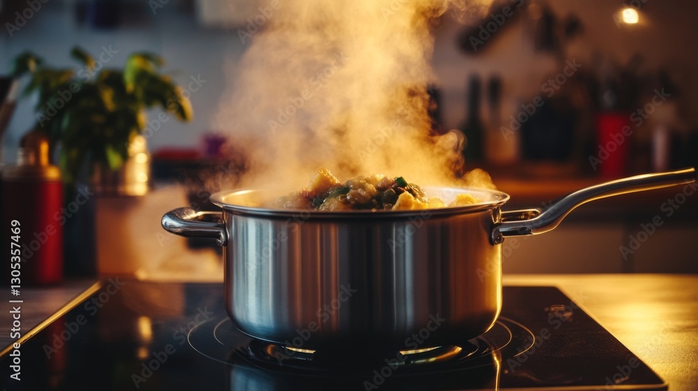 A modern stainless-steel cooking pot with a steaming hot dish, placed on a stovetop with warm lighting. A modern stainless-steel cooking pot with a steaming hot dish, placed on a stovetop with warm lighting.